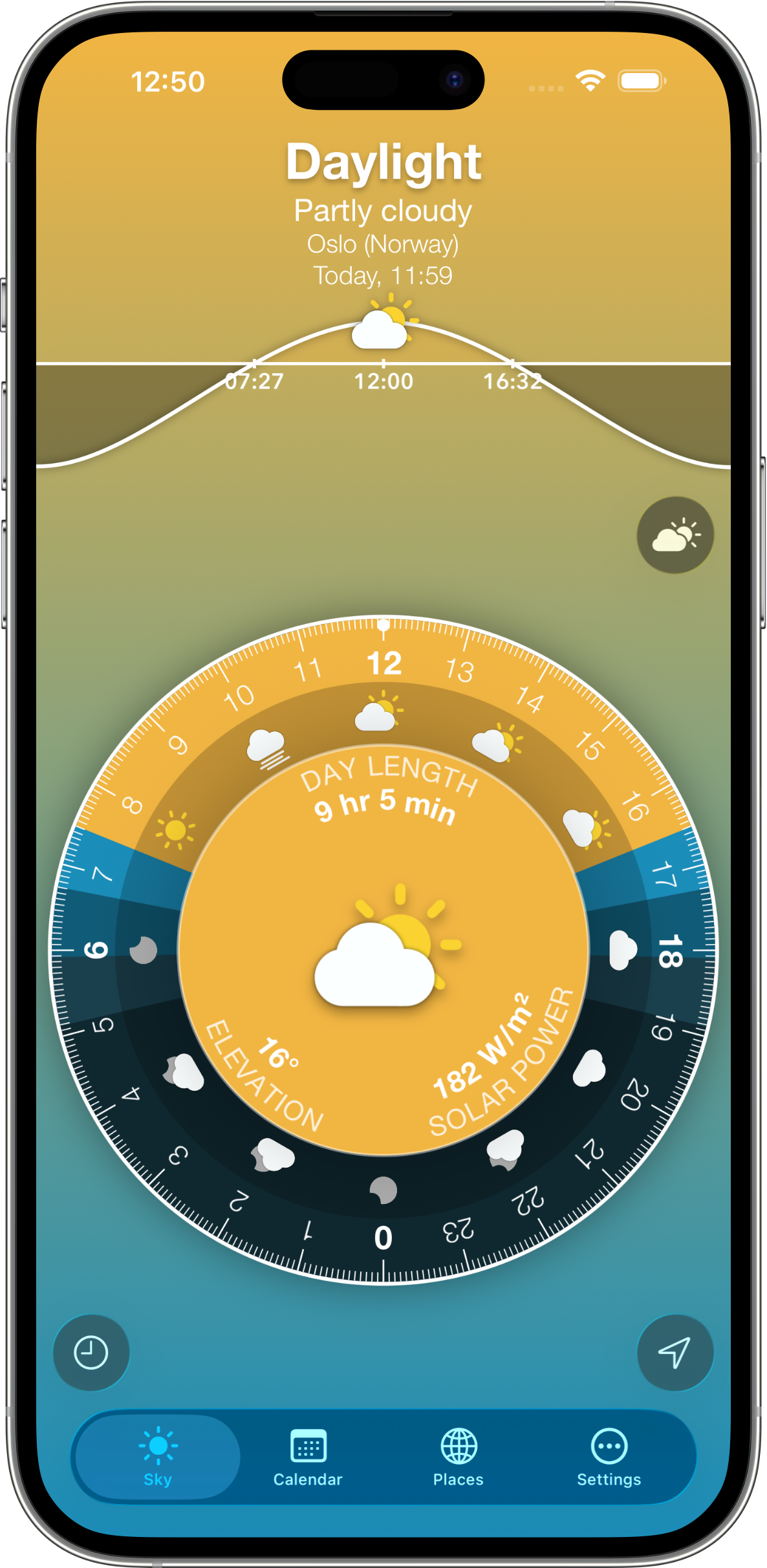 The Sky tab on iPhone: a solar disk for Oslo showing 9 hours 5 minutes of daylight, hourly weather around the dial, sun elevation of 16 degrees and 182 W/m² of solar power, on a daylight gradient from amber to teal