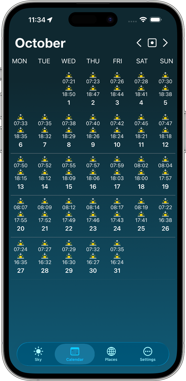 The Sunrise Sunset app on iPhone showing the solar disk view (calendar screenshot coming)