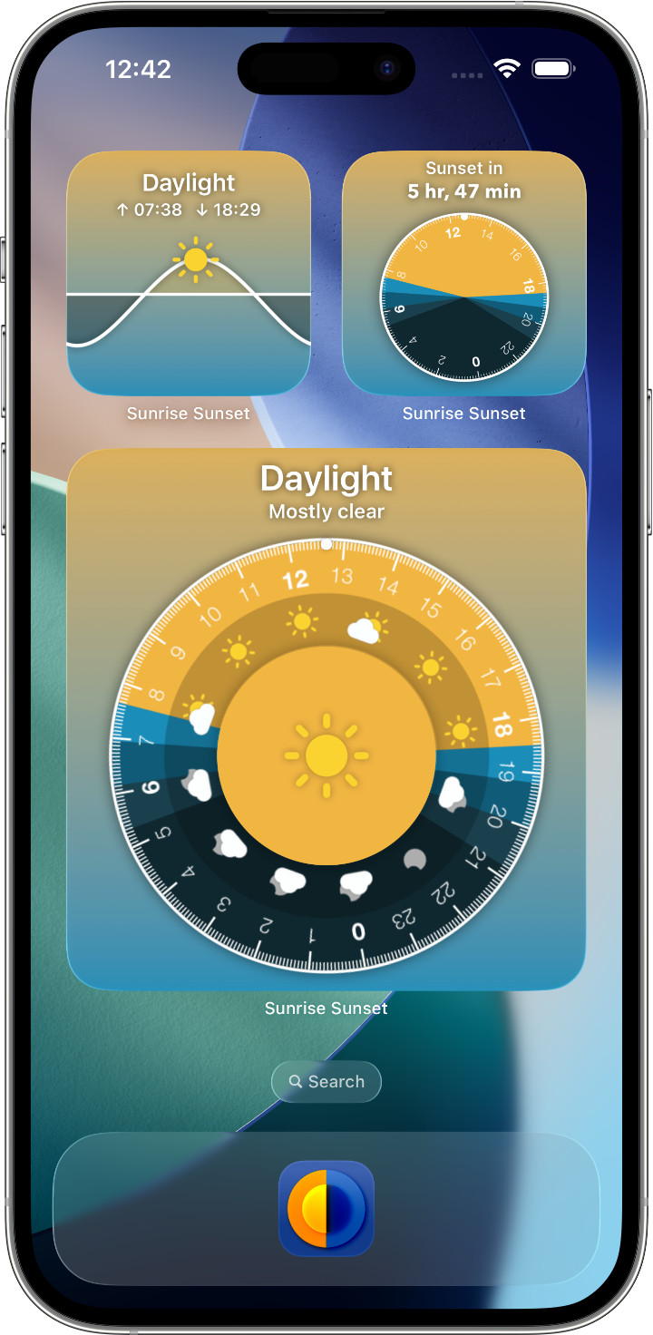 The Sunrise Sunset app on iPhone showing the solar disk view (widgets screenshot coming)